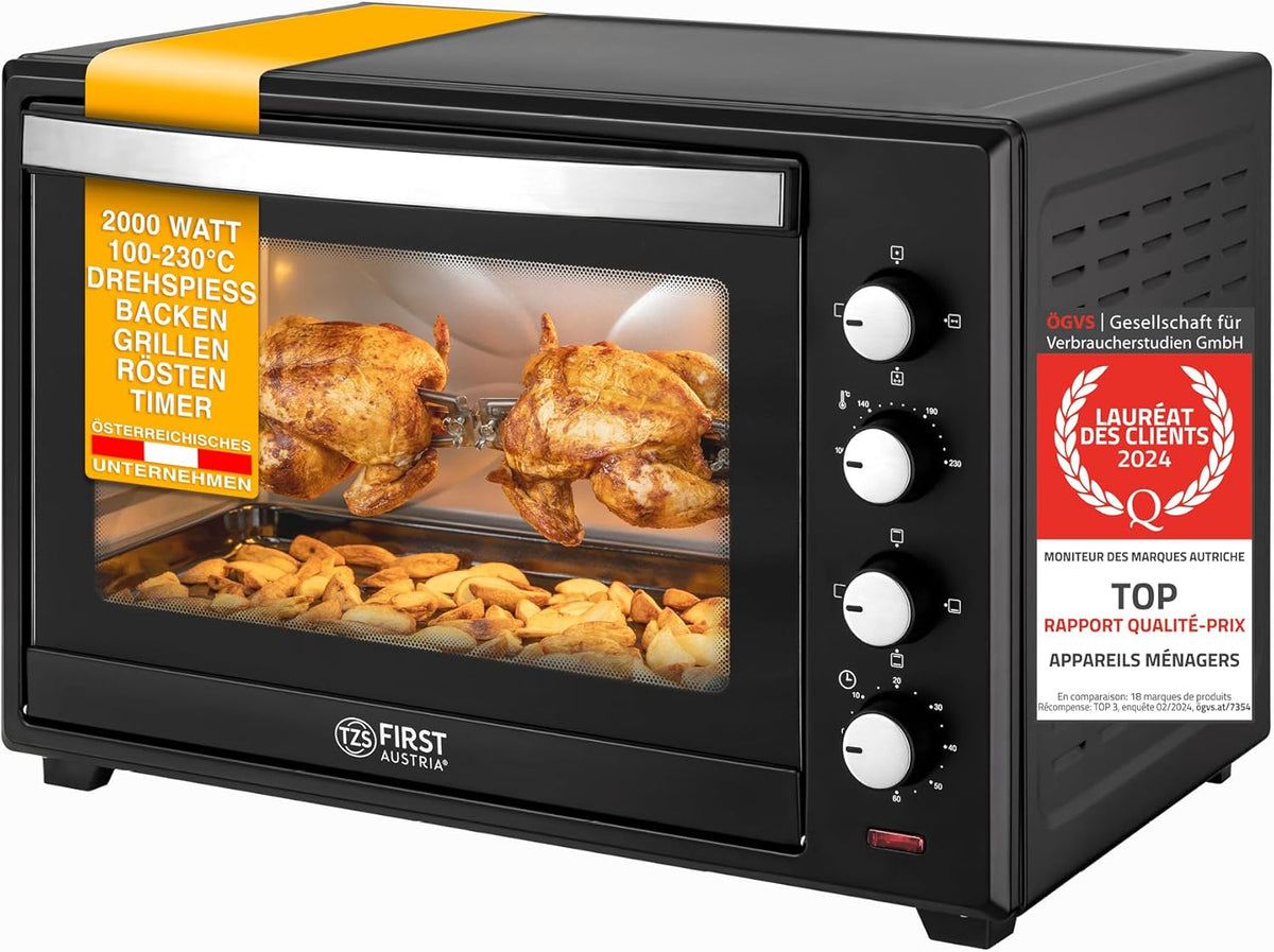 TZS First Austria Mini-four 60 l I 2000 W I Convection + R?tisserie I 4 éléments chauffants I Plage de température jusqu'à 230 °C I Minuterie 60 min I Inox I Noir