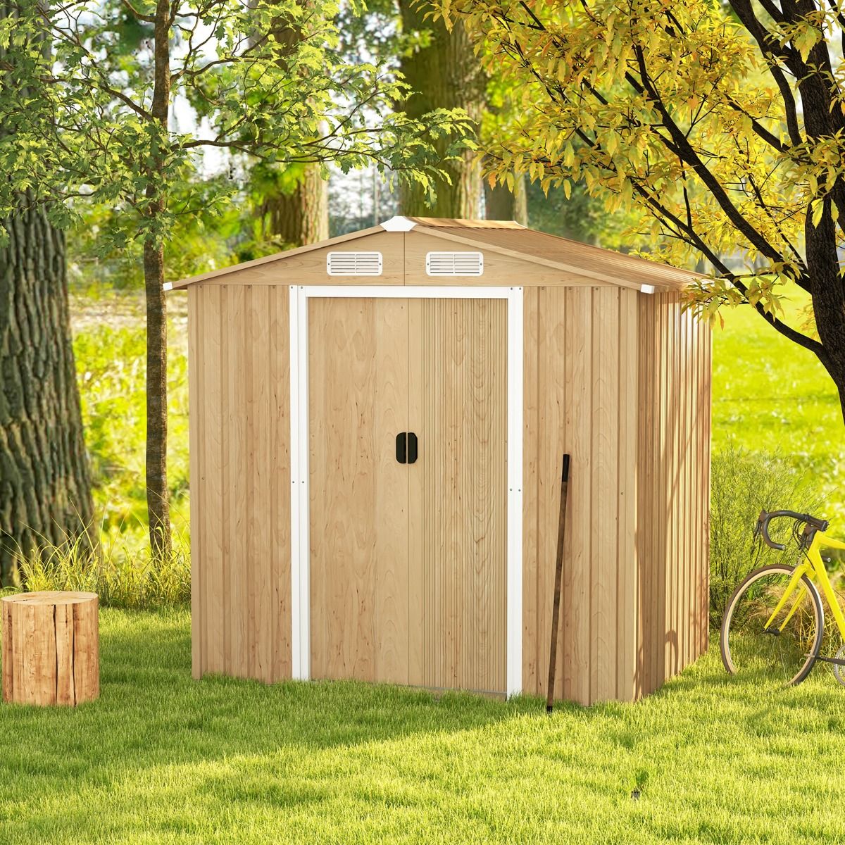 Abri de Jardin 2.3©O en Acier Galvanisé Anti-UV 196x142x186cm Cabane de Jardin Exterieur 3.7m3 avec Porte Coulissante Rampe Naturel