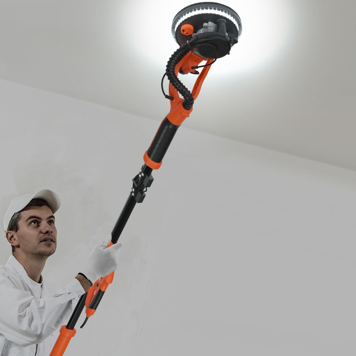 Ponceuse à Platre Murale 750W ? 225mm Aluminium 6 Vitesses Variables Lumières LED Manche Télescopique 12 Disques Abrasifs