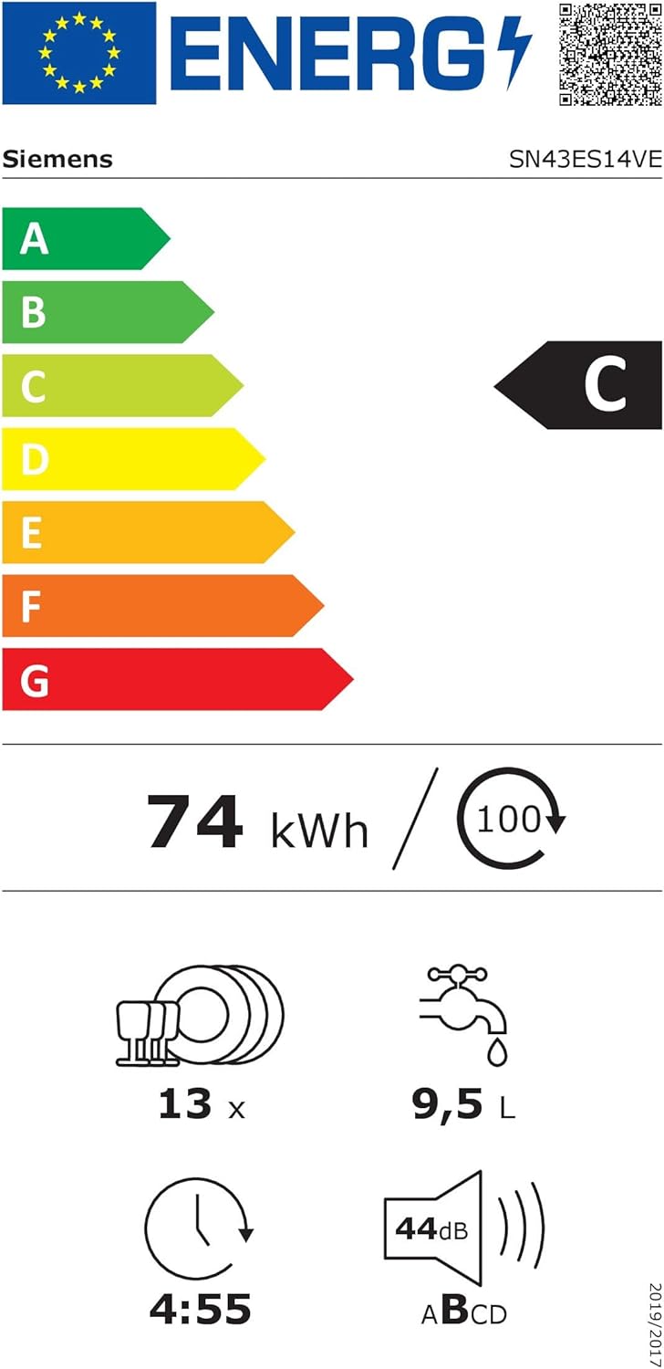 Siemens SN43ES14VE, iQ300 Lave-vaisselle intelligent, lave-vaisselle sous meuble avec tiroir à couverts, 60 cm, ouverture automatique de la porte grace à AutoOpen dry, particulièrement silencieux avec