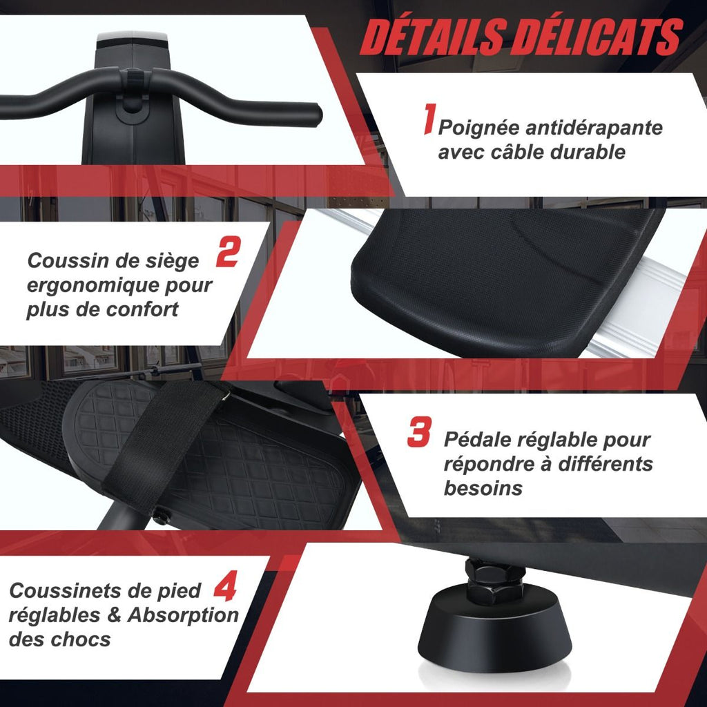 Rameur Magnétique Résistanceà 8 Niveaux Pliable 2 Roues Flexibles Rail Coulissant en Aluminium Ecran LCD Support d'Appareil