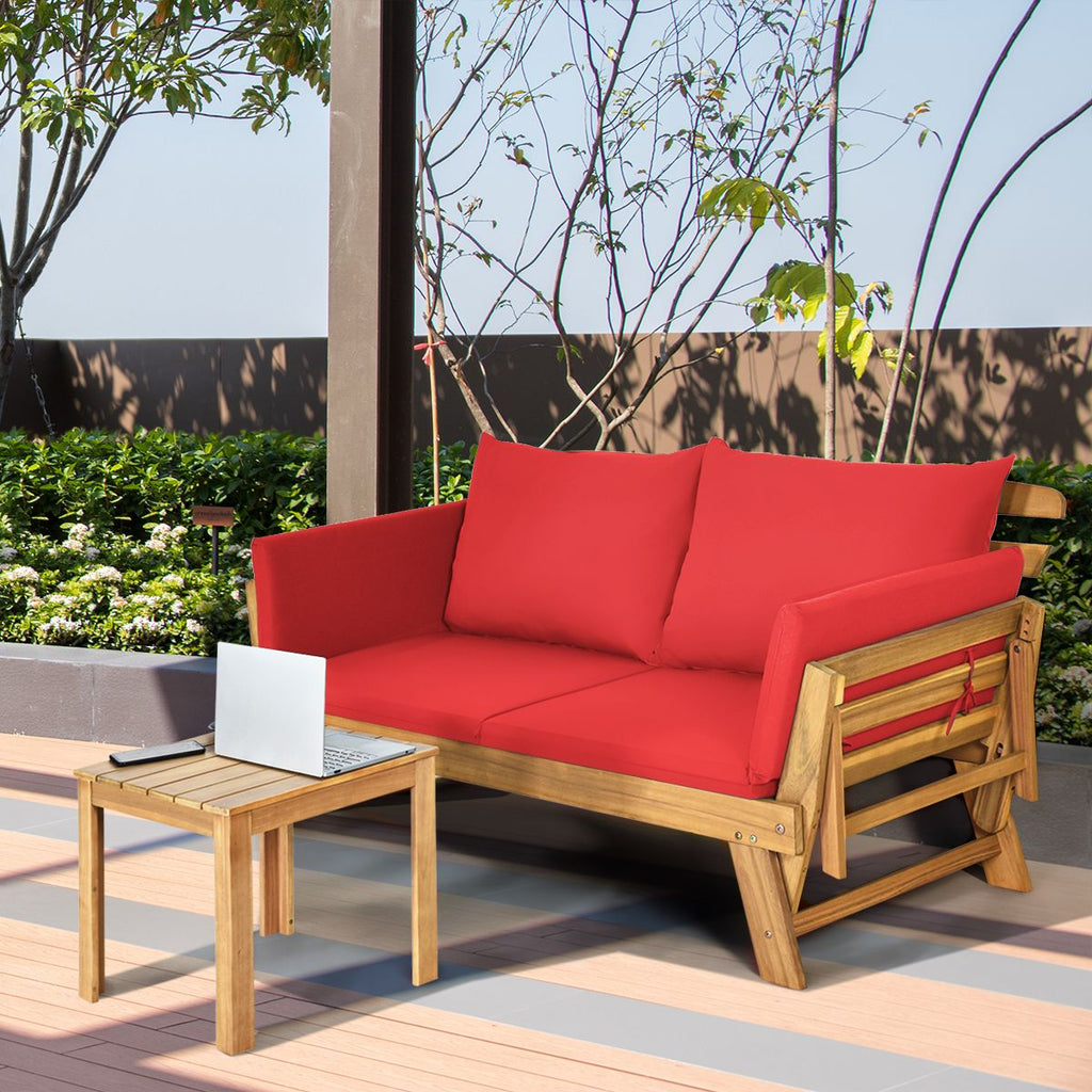 Chaise Longue Convertible avec Coussin Canapé de Jardin 2 en 1 en Bois d’Acacia avec Accoudoir Réglable pour Patio Piscine Jardin Blanc/Gris/Bleu/Rouge