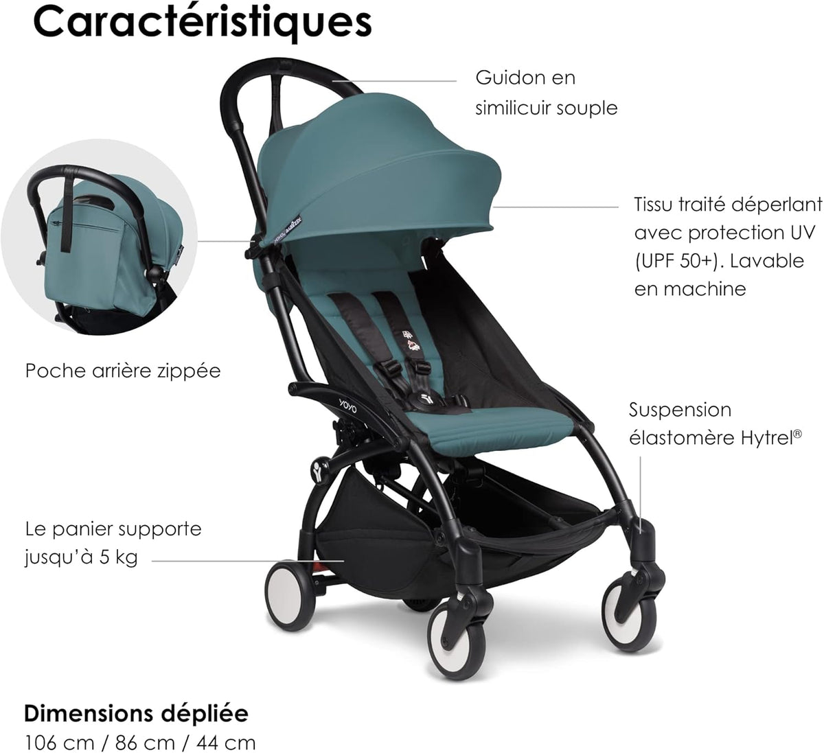 Poussette BABYZEN YOYO2 6+ (Cadre noir + pack couleur Aqua) - Comprend un harnais, un dossier, des arceaux de capote, une bandoulière, un coussin d’assise, et une capote assortie