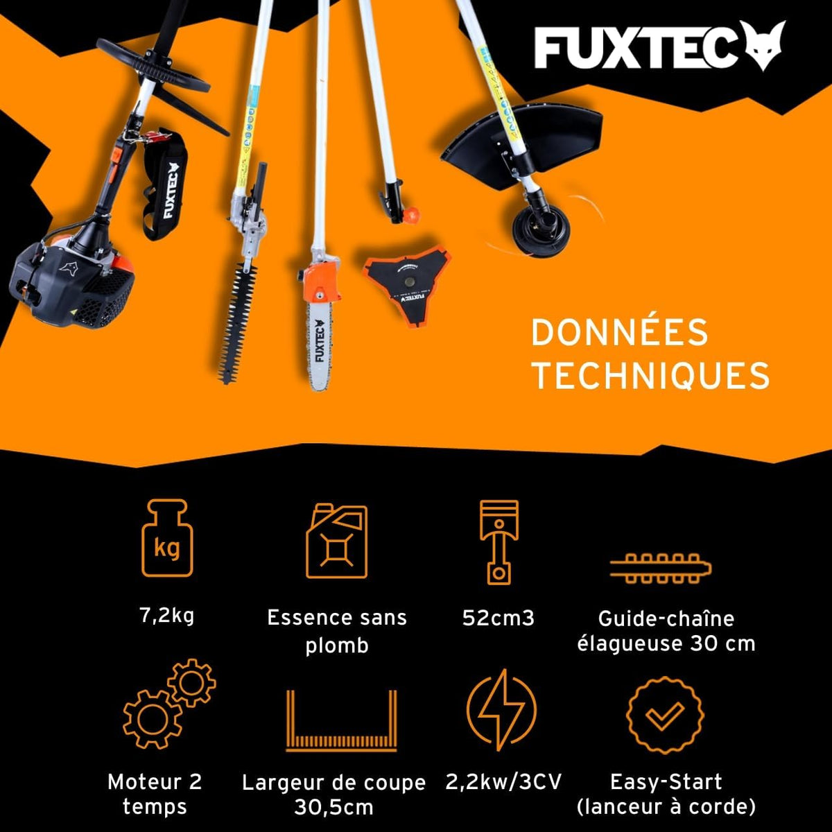 Fuxtec Débroussailleuse Thermique Multifonction 5 en 1 Multitool FX-MT152E - Easy Starter 3CV 52 cm3, Moteur 2 Temps, élagueuse Taille Haie Coupe Bordure Avec Fil ou Lame 1 Mètre Rallonge
