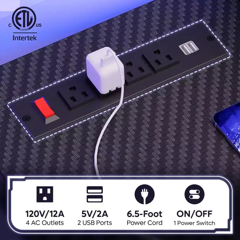 Escritorio de gaming de 63 con luces LED y tomas de corriente, escritorio para computadora con soporte para monitor y bandeja para teclado, para oficina en casa