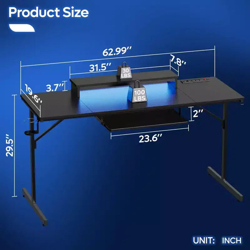 Escritorio de gaming de 63 con luces LED y tomas de corriente, escritorio para computadora con soporte para monitor y bandeja para teclado, para oficina en casa