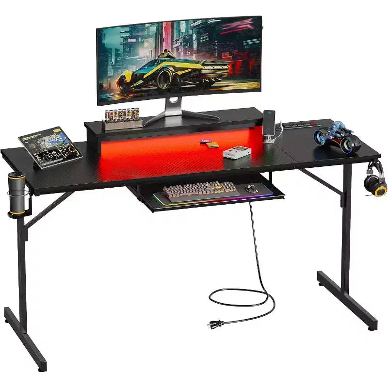 Escritorio de gaming de 63 con luces LED y tomas de corriente, escritorio para computadora con soporte para monitor y bandeja para teclado, para oficina en casa