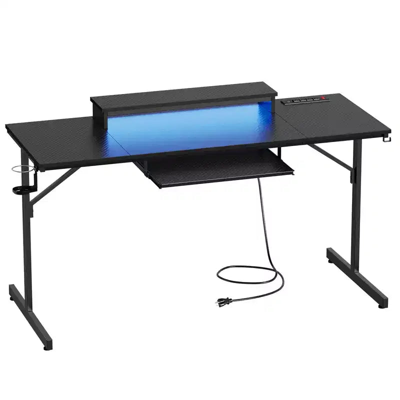 Escritorio de gaming de 63 con luces LED y tomas de corriente, escritorio para computadora con soporte para monitor y bandeja para teclado, para oficina en casa