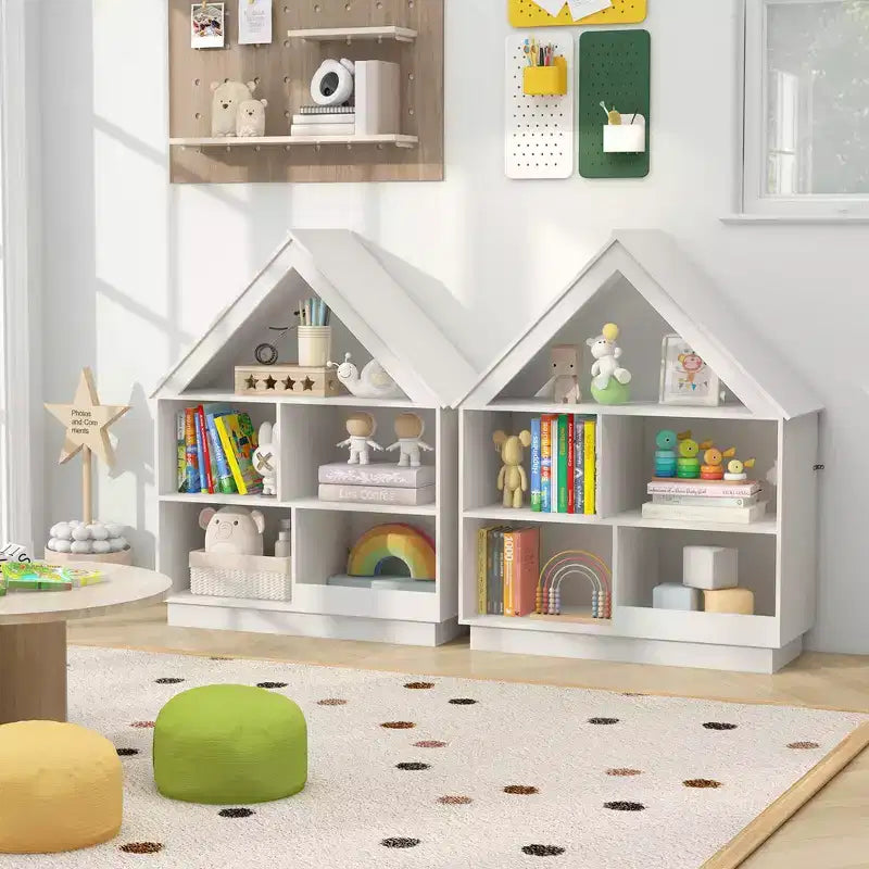 Bibliothèque maison de poupée en bois pour enfants avec étagères ouvertes et système anti-basculement, blanche/marron