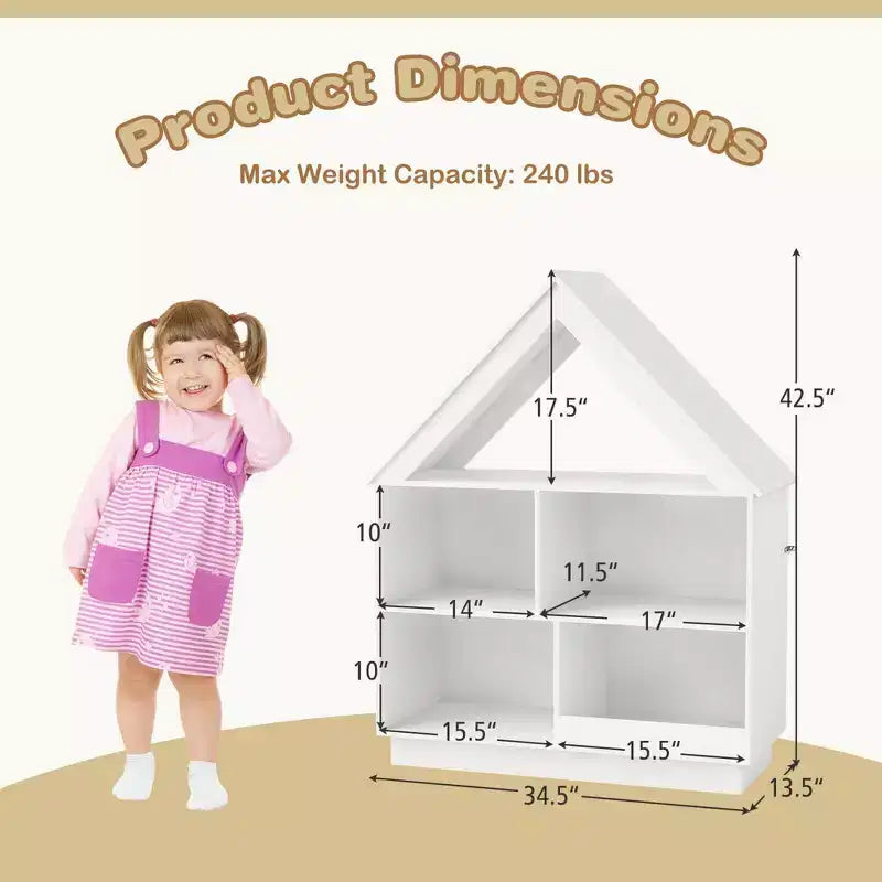 Bibliothèque maison de poupée en bois pour enfants avec étagères ouvertes et système anti-basculement, blanche/marron