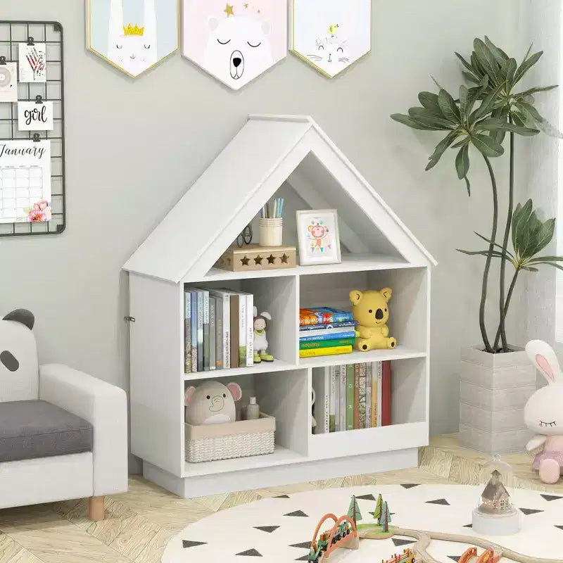 Bibliothèque maison de poupée en bois pour enfants avec étagères ouvertes et système anti-basculement, blanche/marron