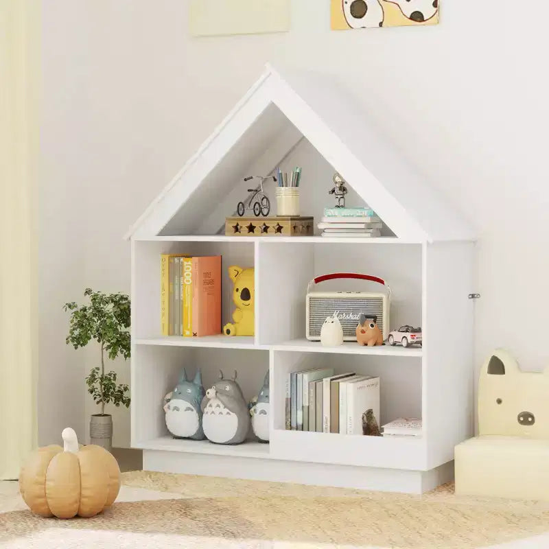 Bibliothèque maison de poupée en bois pour enfants avec étagères ouvertes et système anti-basculement, blanche/marron