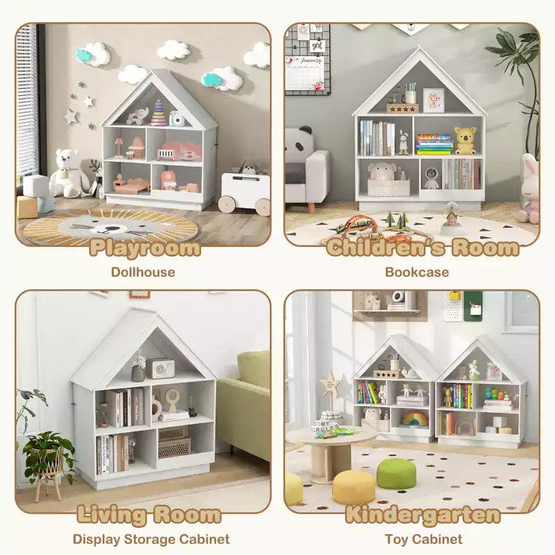 Bibliothèque maison de poupée en bois pour enfants avec étagères ouvertes et système anti-basculement, blanche/marron