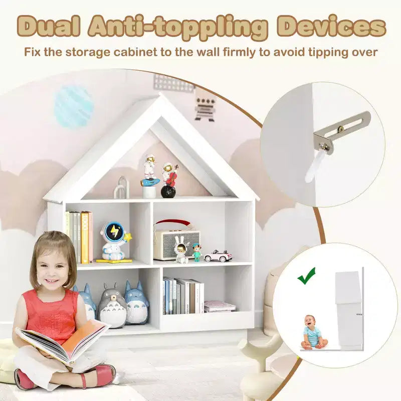 Bibliothèque maison de poupée en bois pour enfants avec étagères ouvertes et système anti-basculement, blanche/marron