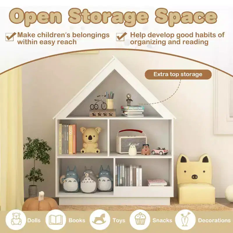 Bibliothèque maison de poupée en bois pour enfants avec étagères ouvertes et système anti-basculement, blanche/marron