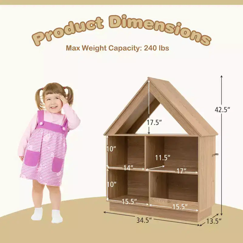 Bibliothèque maison de poupée en bois pour enfants avec étagères ouvertes et système anti-basculement, blanche/marron