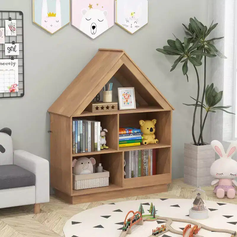 Bibliothèque maison de poupée en bois pour enfants avec étagères ouvertes et système anti-basculement, blanche/marron