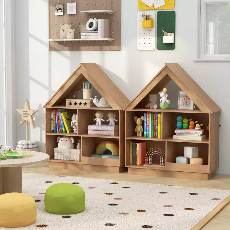 Bibliothèque maison de poupée en bois pour enfants avec étagères ouvertes et système anti-basculement, blanche/marron