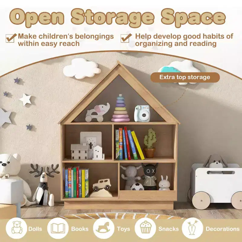 Bibliothèque maison de poupée en bois pour enfants avec étagères ouvertes et système anti-basculement, blanche/marron