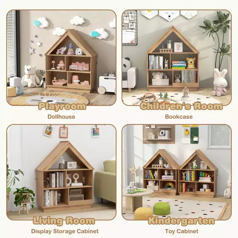 Bibliothèque maison de poupée en bois pour enfants avec étagères ouvertes et système anti-basculement, blanche/marron