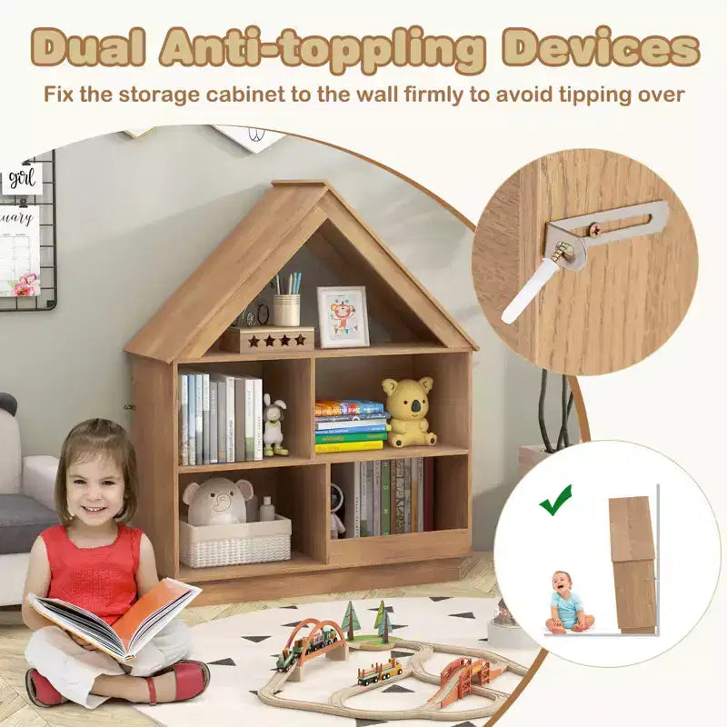 Bibliothèque maison de poupée en bois pour enfants avec étagères ouvertes et système anti-basculement, blanche/marron