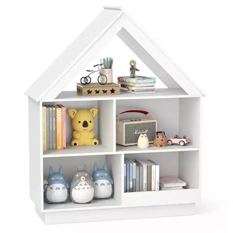 Bibliothèque maison de poupée en bois pour enfants avec étagères ouvertes et système anti-basculement, blanche/marron