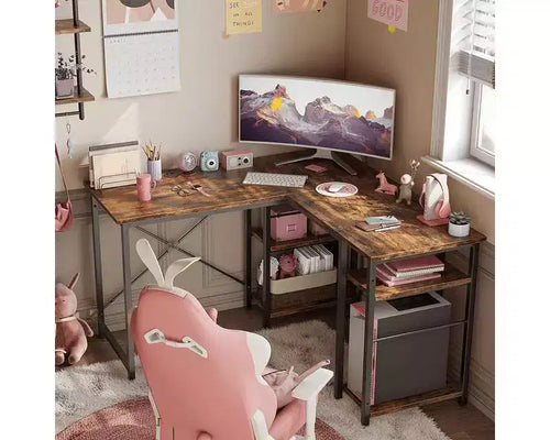 Escritorio para computadora en forma de L de 47', reversible para esquina de oficina, con estantes ajustables, mesa de estudio para 2 personas, para espacios pequeños en casa