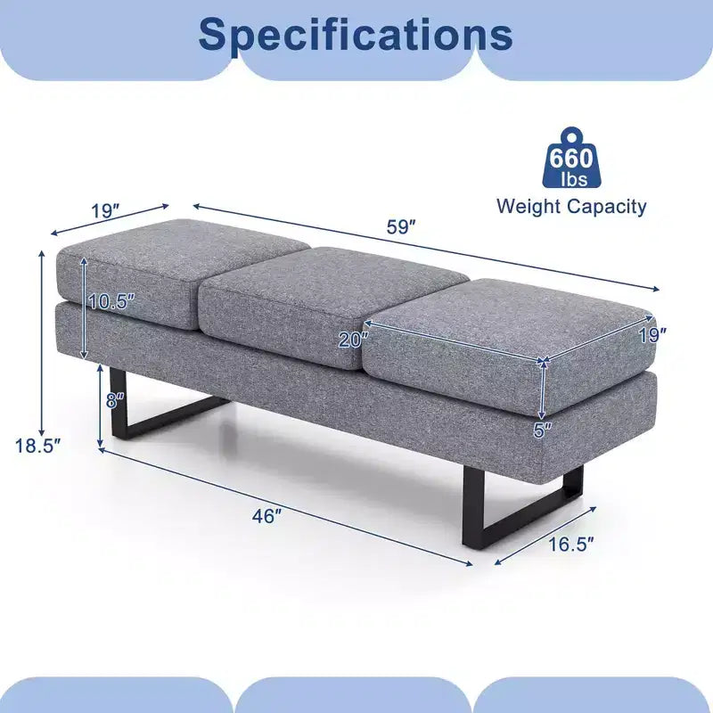 Banc pour salle d’attente avec pieds en métal et assise rembourrée, banc de réception noir/gris