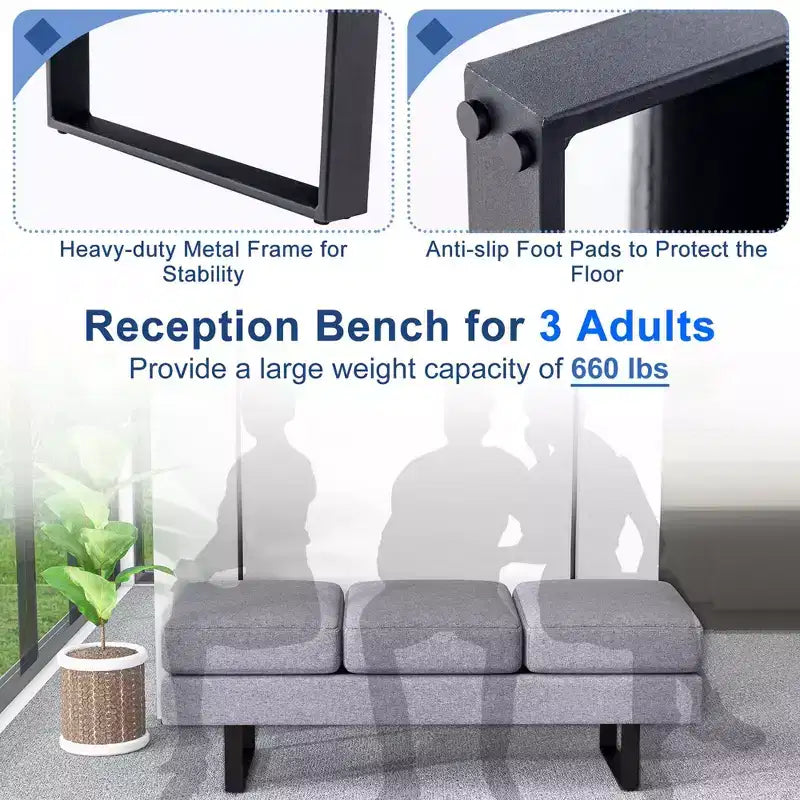 Banc pour salle d’attente avec pieds en métal et assise rembourrée, banc de réception noir/gris