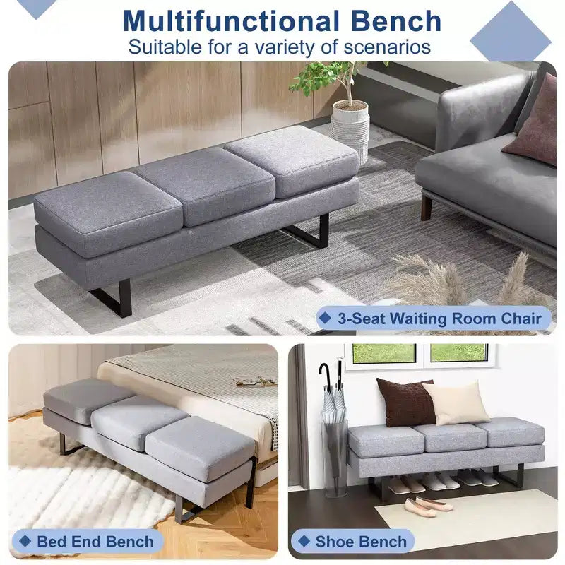 Banc pour salle d’attente avec pieds en métal et assise rembourrée, banc de réception noir/gris