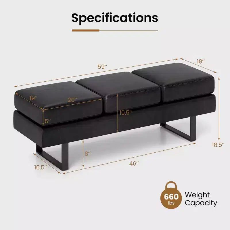 Banc pour salle d’attente avec pieds en métal et assise rembourrée, banc de réception noir/gris