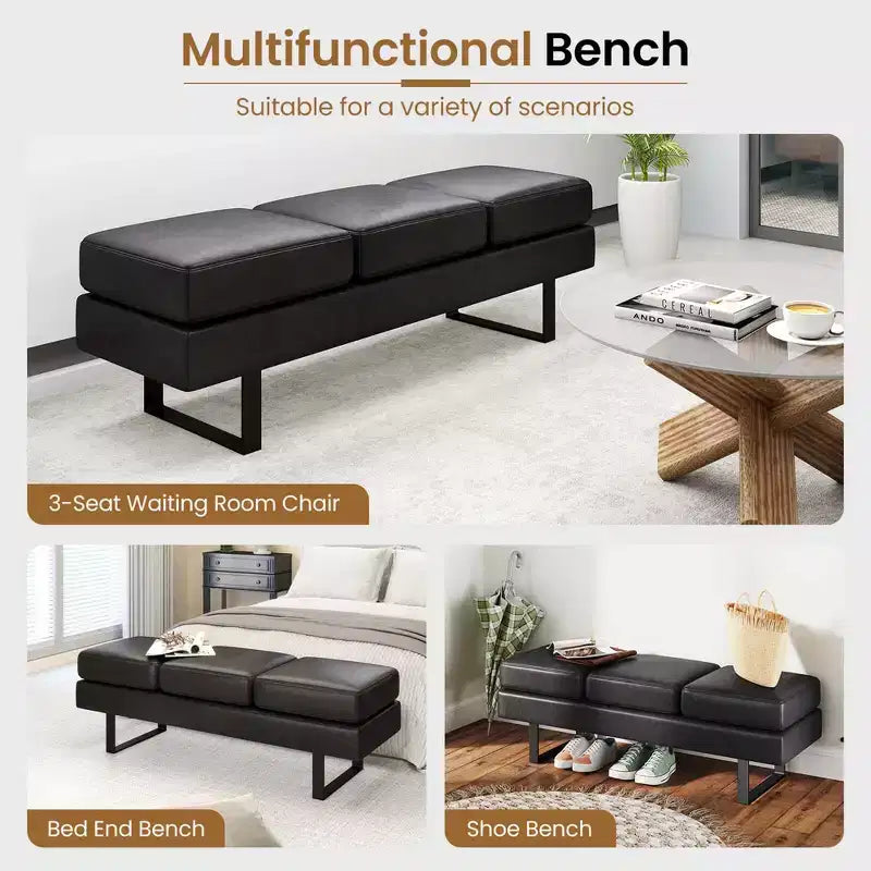 Banc pour salle d’attente avec pieds en métal et assise rembourrée, banc de réception noir/gris