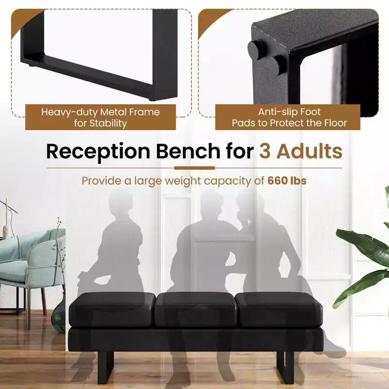 Banc pour salle d’attente avec pieds en métal et assise rembourrée, banc de réception noir/gris