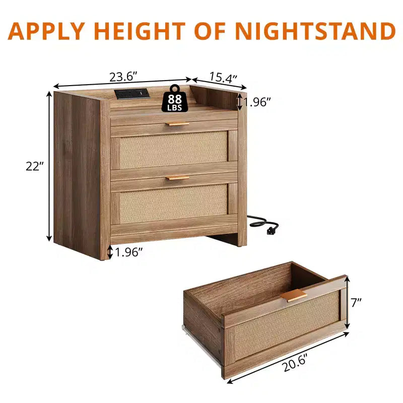Nachttisch-Set, 2 Stück, moderne Nachttische mit 2 Schubladen aus PE-Rattan, Rattan-Nachttische für Schlafzimmer und Wohnzimmer