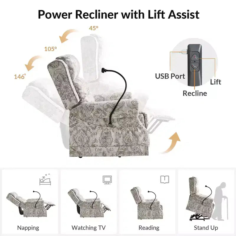 Sillón reclinable eléctrico con asistencia para levantarse, masaje, calefacción y reposacabezas manual
