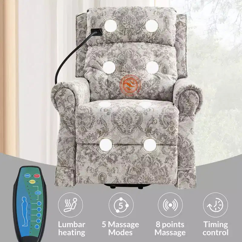 Sillón reclinable eléctrico con asistencia para levantarse, masaje, calefacción y reposacabezas manual