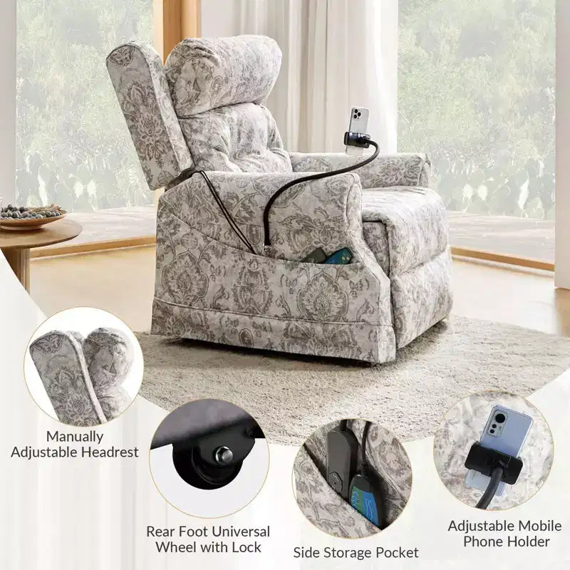 Sillón reclinable eléctrico con asistencia para levantarse, masaje, calefacción y reposacabezas manual