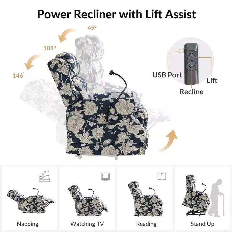 Sillón reclinable eléctrico con asistencia para levantarse, masaje, calefacción y reposacabezas manual