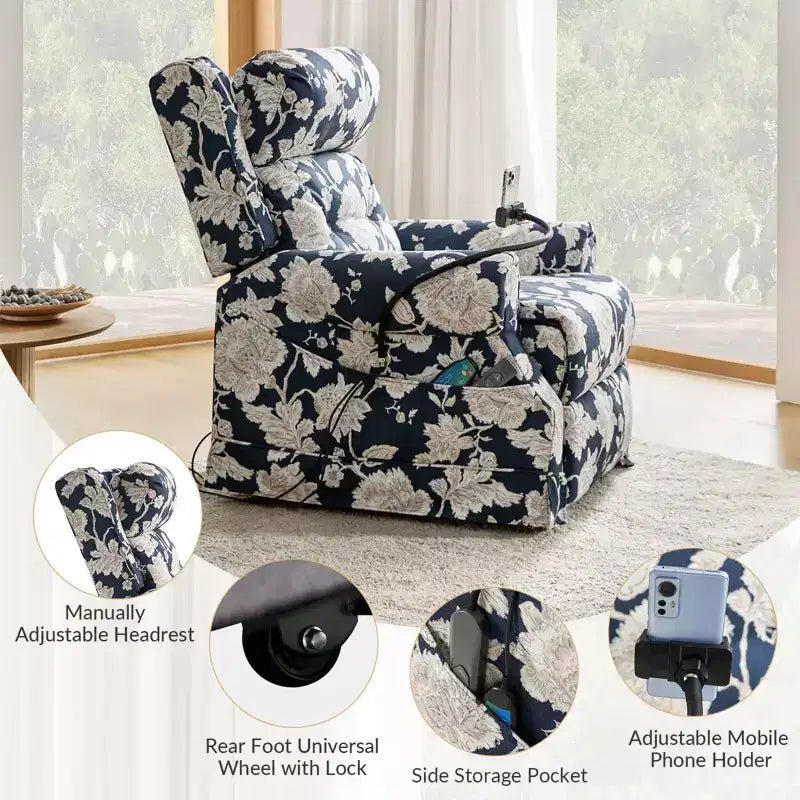 Sillón reclinable eléctrico con asistencia para levantarse, masaje, calefacción y reposacabezas manual