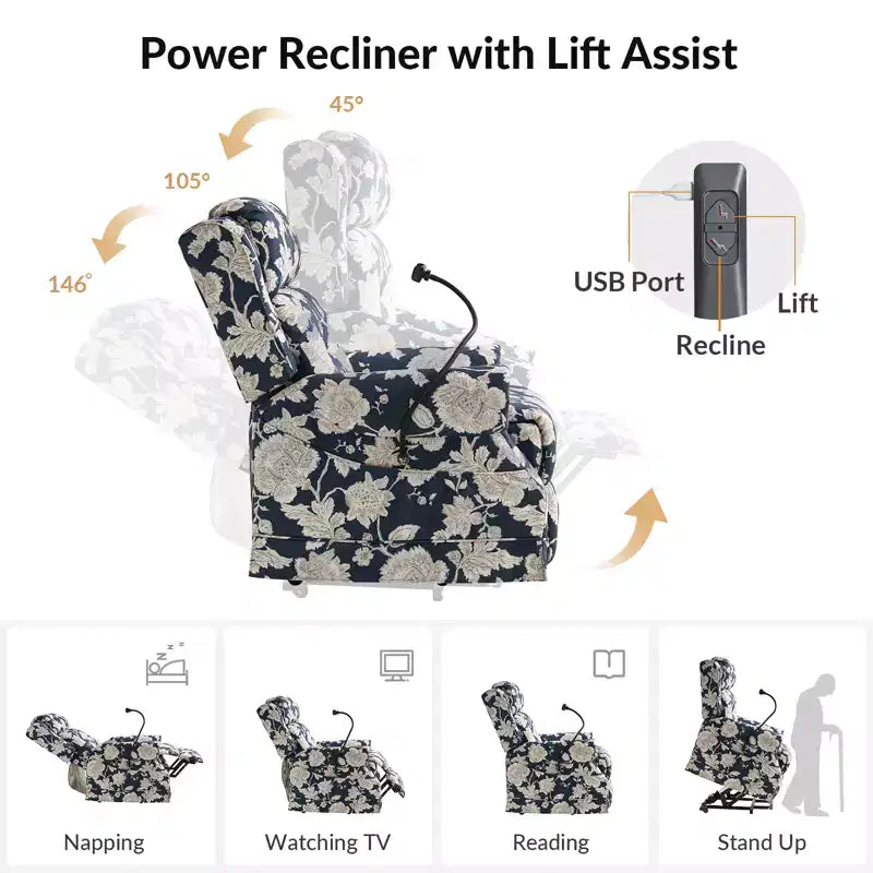 Sillón reclinable eléctrico con asistencia para levantarse, masaje, calefacción y reposacabezas manual
