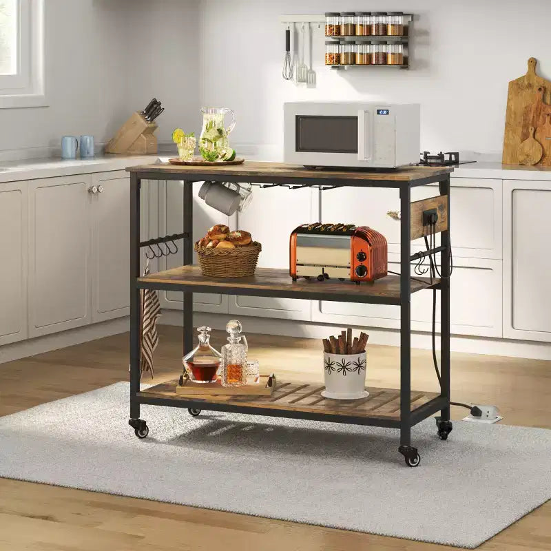 Isla de cocina con ruedas, estación de carga y soportes para copas