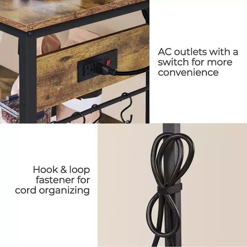 Îlot de cuisine mobile avec station de recharge et porte-verres