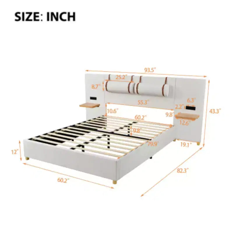 Cama de plataforma tamaño queen tapizada en terciopelo, con tomas de corriente dobles, puertos de carga USB, almohadas de cabecera y estantes de almacenamiento