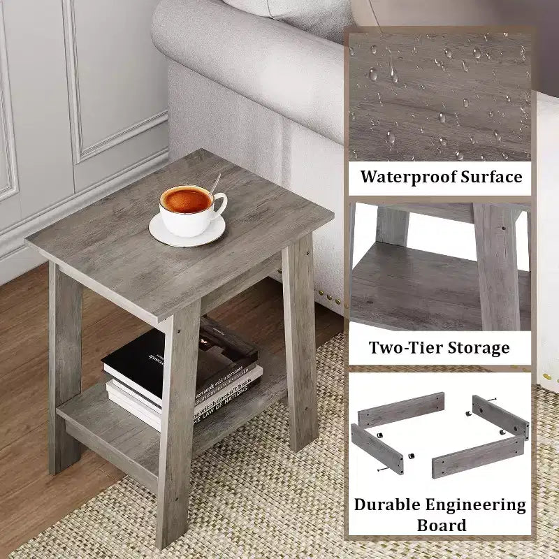 Mesa auxiliar rústica de estilo granja de 2 niveles con estante de almacenamiento, mesa de noche estrecha, mesa decorativa minimalista para sala de estar y dormitorio