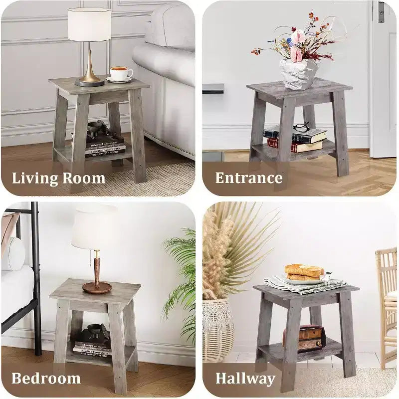 Mesa auxiliar rústica de estilo granja de 2 niveles con estante de almacenamiento, mesa de noche estrecha, mesa decorativa minimalista para sala de estar y dormitorio