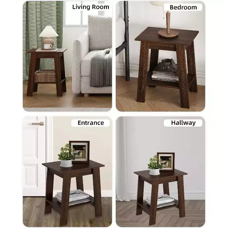 Mesa auxiliar rústica de estilo granja de 2 niveles con estante de almacenamiento, mesa de noche estrecha, mesa decorativa minimalista para sala de estar y dormitorio