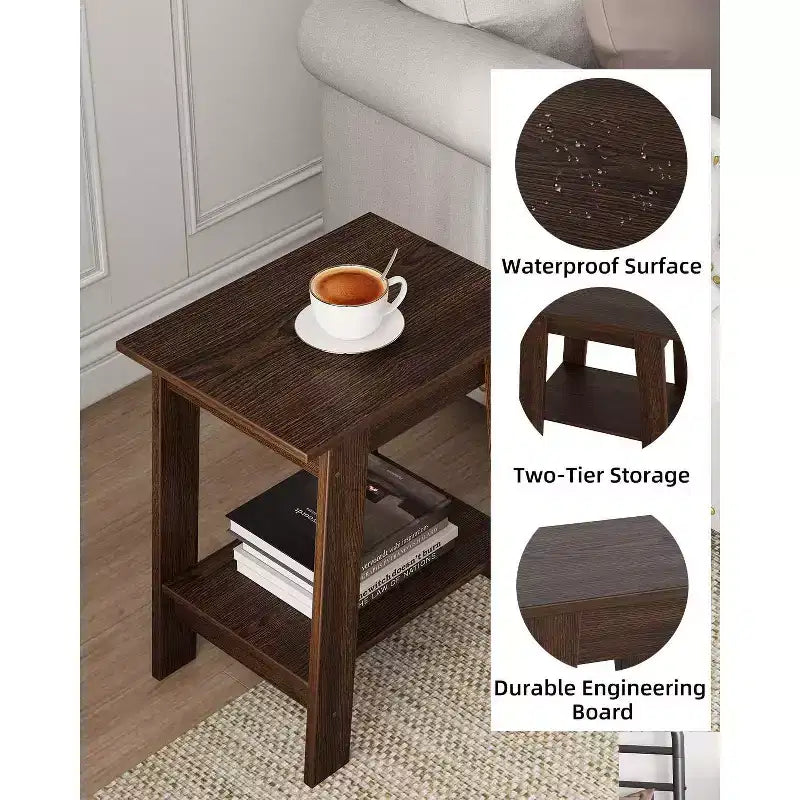 Mesa auxiliar rústica de estilo granja de 2 niveles con estante de almacenamiento, mesa de noche estrecha, mesa decorativa minimalista para sala de estar y dormitorio