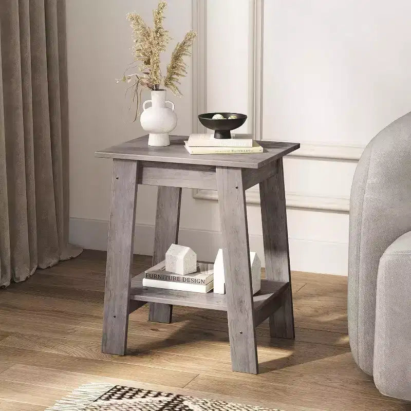 Mesa auxiliar rústica de estilo granja de 2 niveles con estante de almacenamiento, mesa de noche estrecha, mesa decorativa minimalista para sala de estar y dormitorio