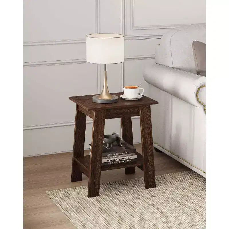 Mesa auxiliar rústica de estilo granja de 2 niveles con estante de almacenamiento, mesa de noche estrecha, mesa decorativa minimalista para sala de estar y dormitorio