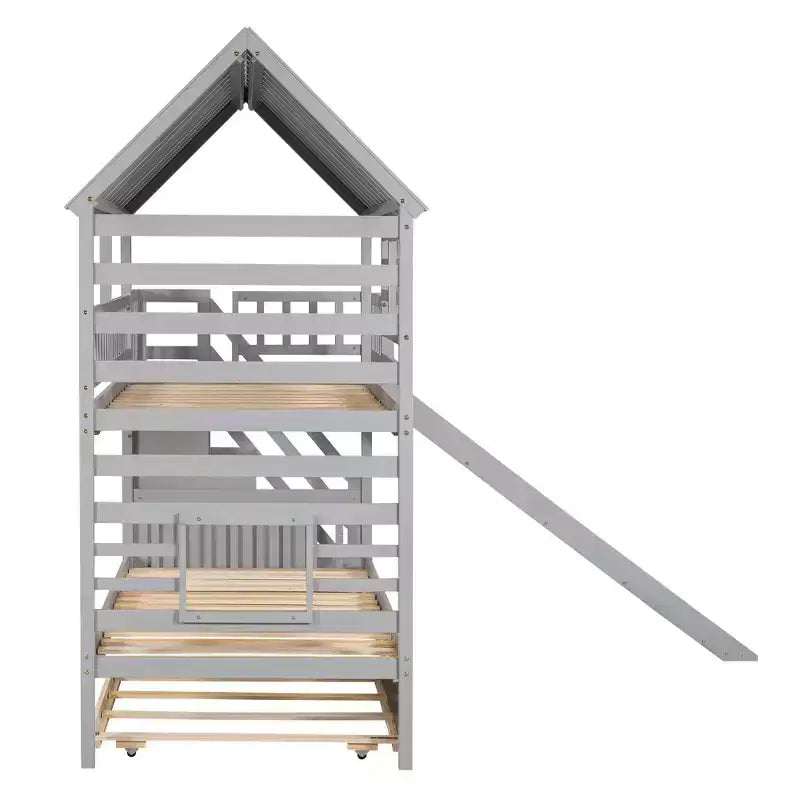 Lit superposé maison pour deux lits jumeaux avec lit gigogne et toboggan, escalier de rangement, toit et fenêtres